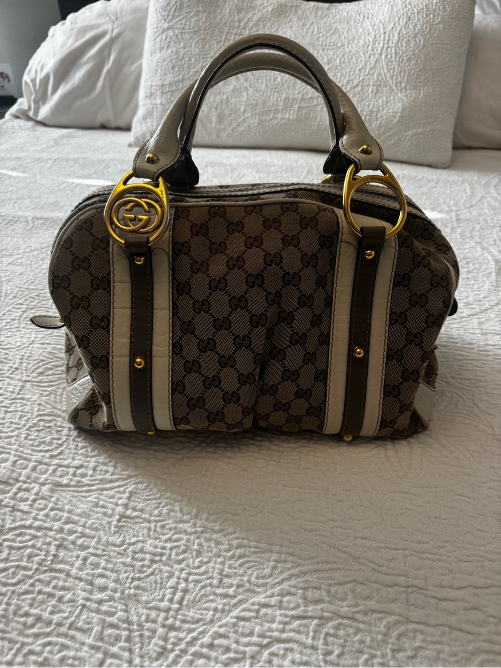 Vintage 2004 Gucci Brown GG Canvas Satchel with Gold Hardware